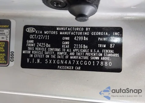 2012 Kia Optima Ex z USA, uszkodzony, nr VIN 5XXGN4A7XCG017880